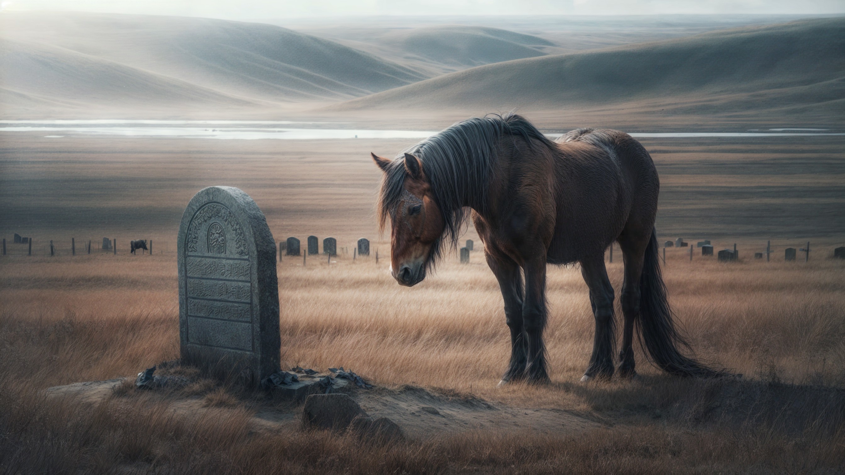Solitary Horse in Serene Landscape with Grave Marker
