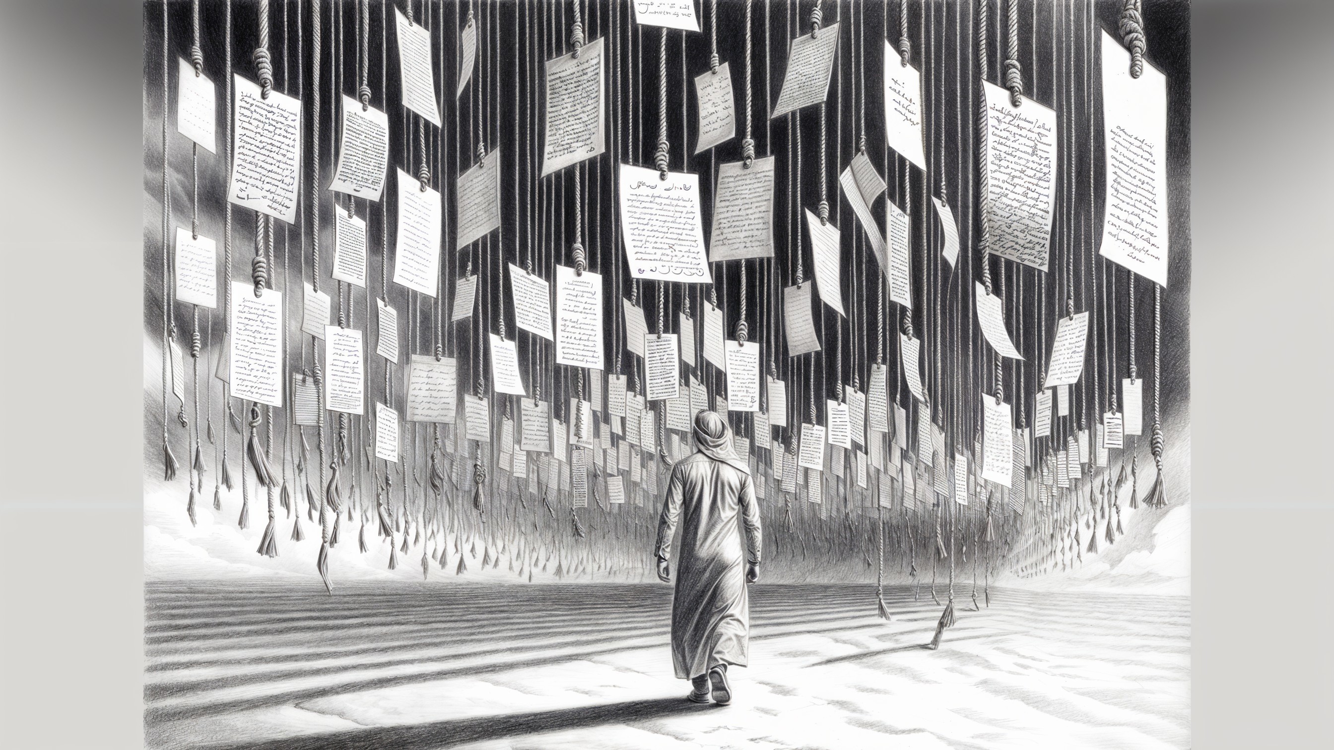 Solitary Figure in a Desolate Landscape with Pages