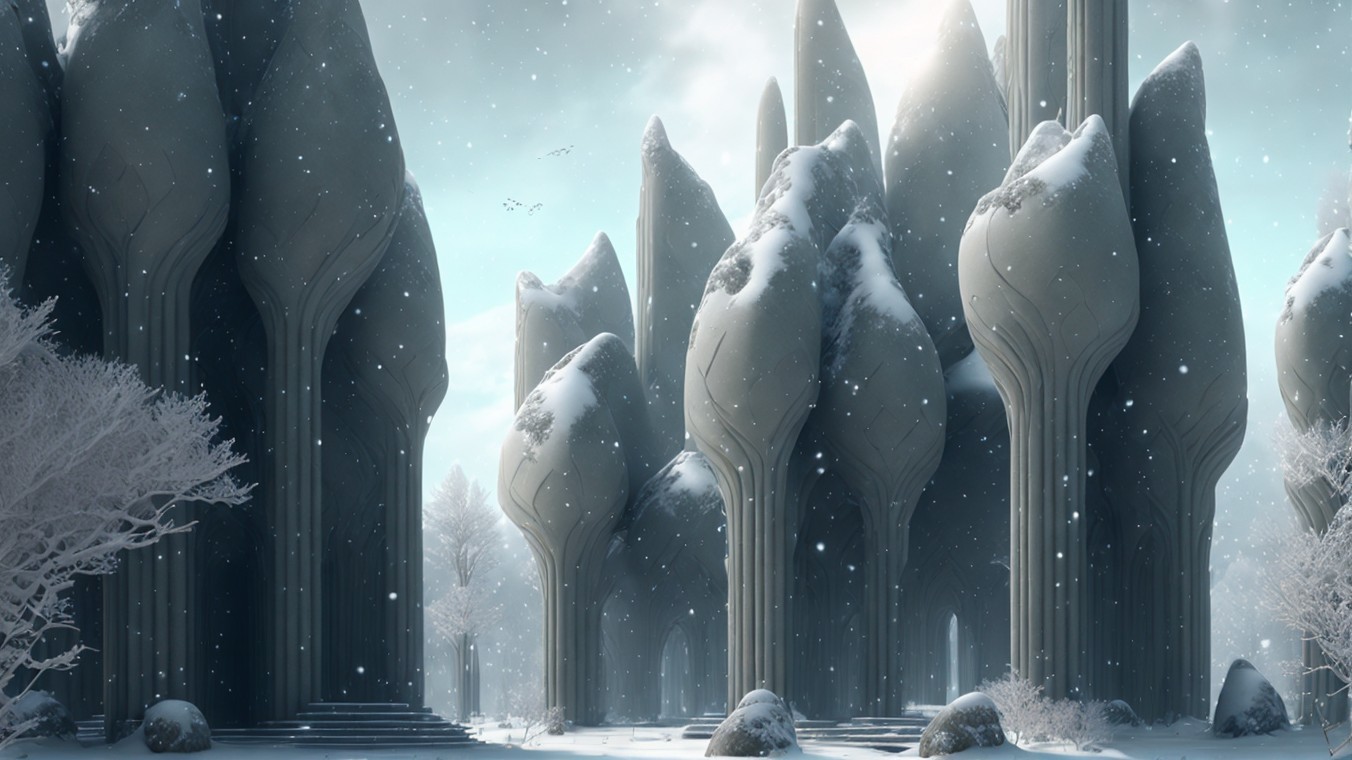 Ethereal Snowy Landscape with Organic Pillars and Trees