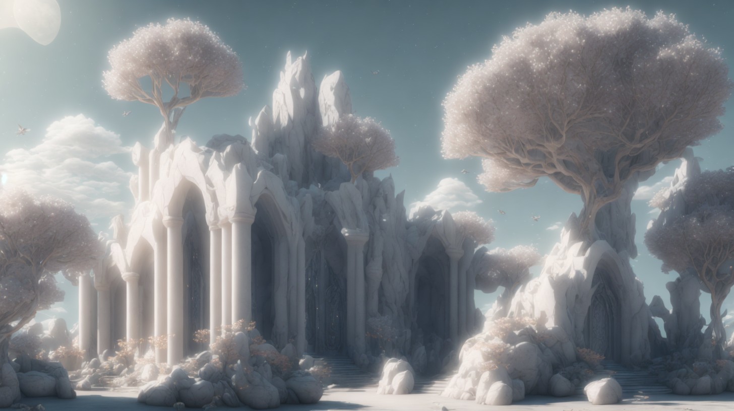 Ancient Ruins Surrounded by Ethereal White Trees