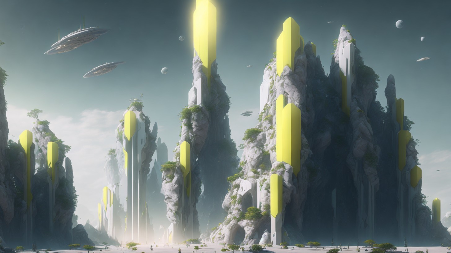 Futuristic landscape with yellow structures and rocky formations