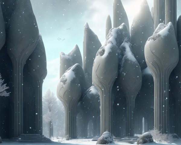 Ethereal Snowy Landscape with Organic Pillars and Trees