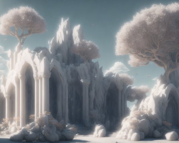 Ancient Ruins Surrounded by Ethereal White Trees
