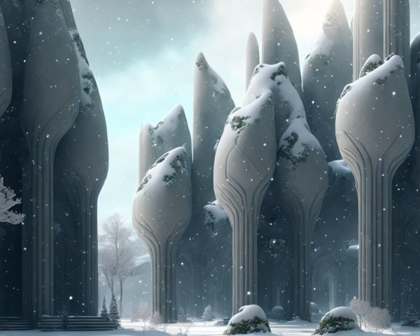 Mystical Snowy Landscape with Abstract Rock Formations