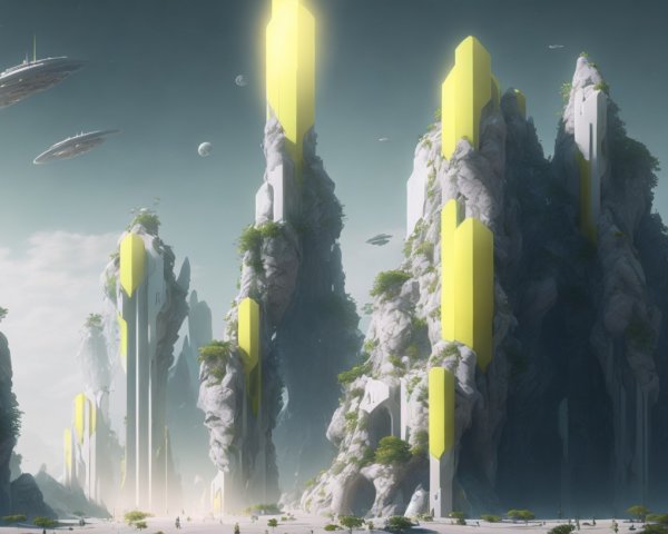 Futuristic landscape with yellow structures and rocky formations