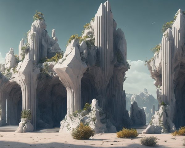 Surreal Landscape with Carved Rock Formations and Greenery