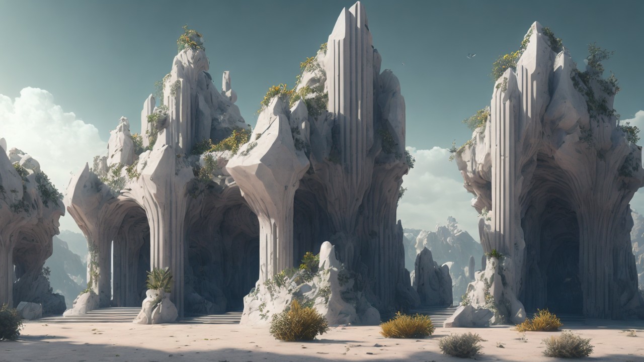 Surreal Landscape with Carved Rock Formations and Greenery