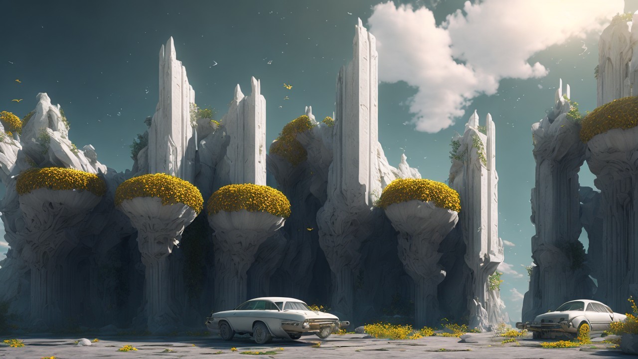 Surreal Landscape with Rock Formations and Vintage Cars