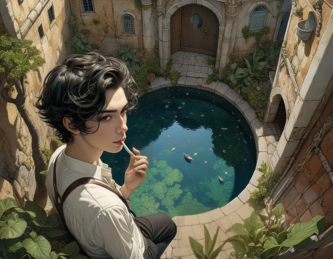 Young person by a stone well in a serene setting