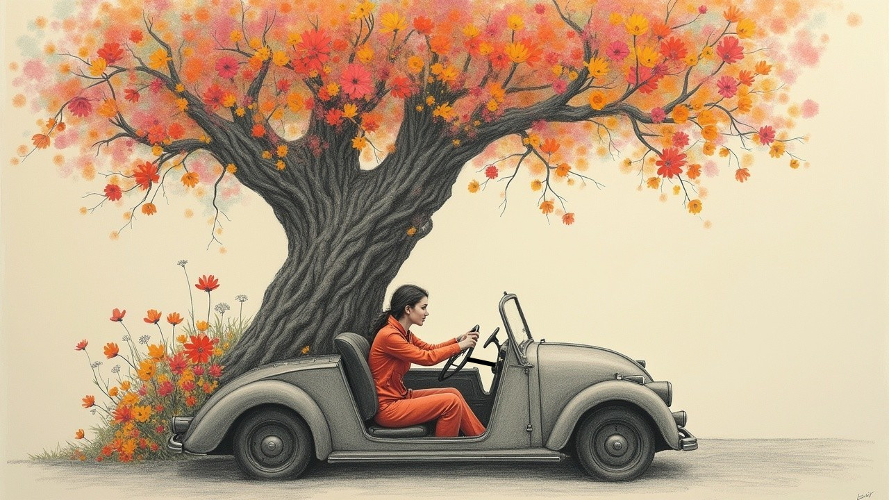 Young Woman Driving Vintage Car Amid Autumn Scenery