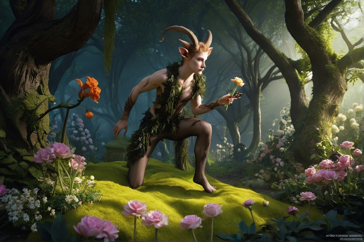 Mystical Forest Scene with Goat-Horned Figure