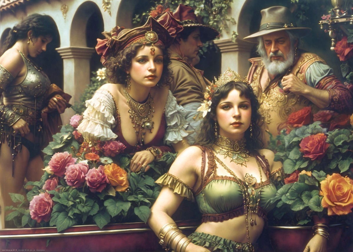 Renaissance-style scene with ornate costumes and vibrant roses