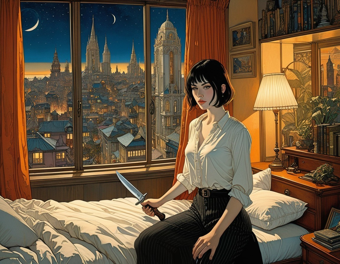 Woman with knife in warmly lit gothic room