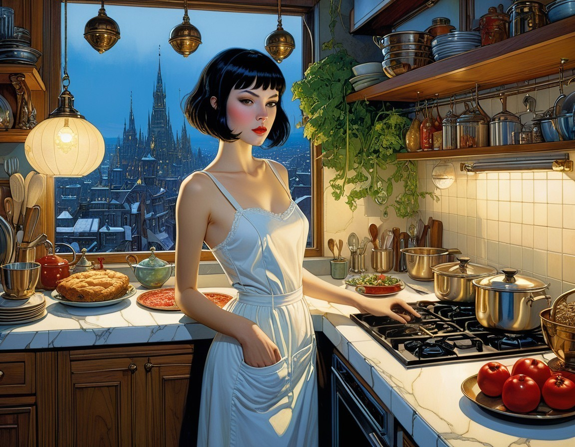 Stylish Woman in Modern Kitchen with City View