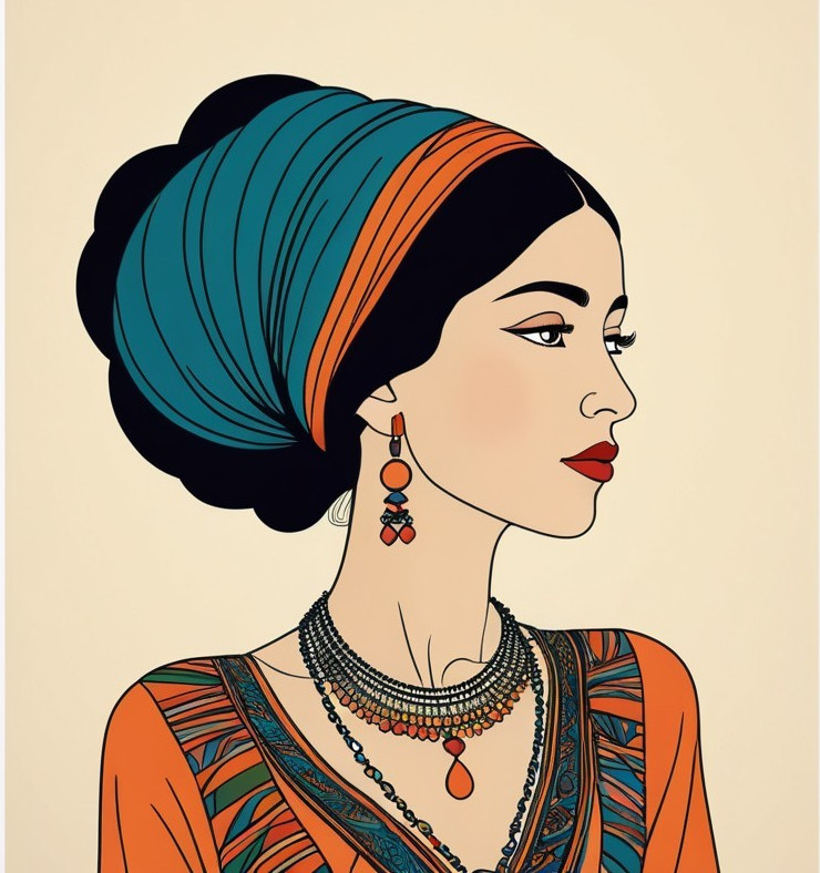 Stylized Portrait of a Woman with Vibrant Headscarf