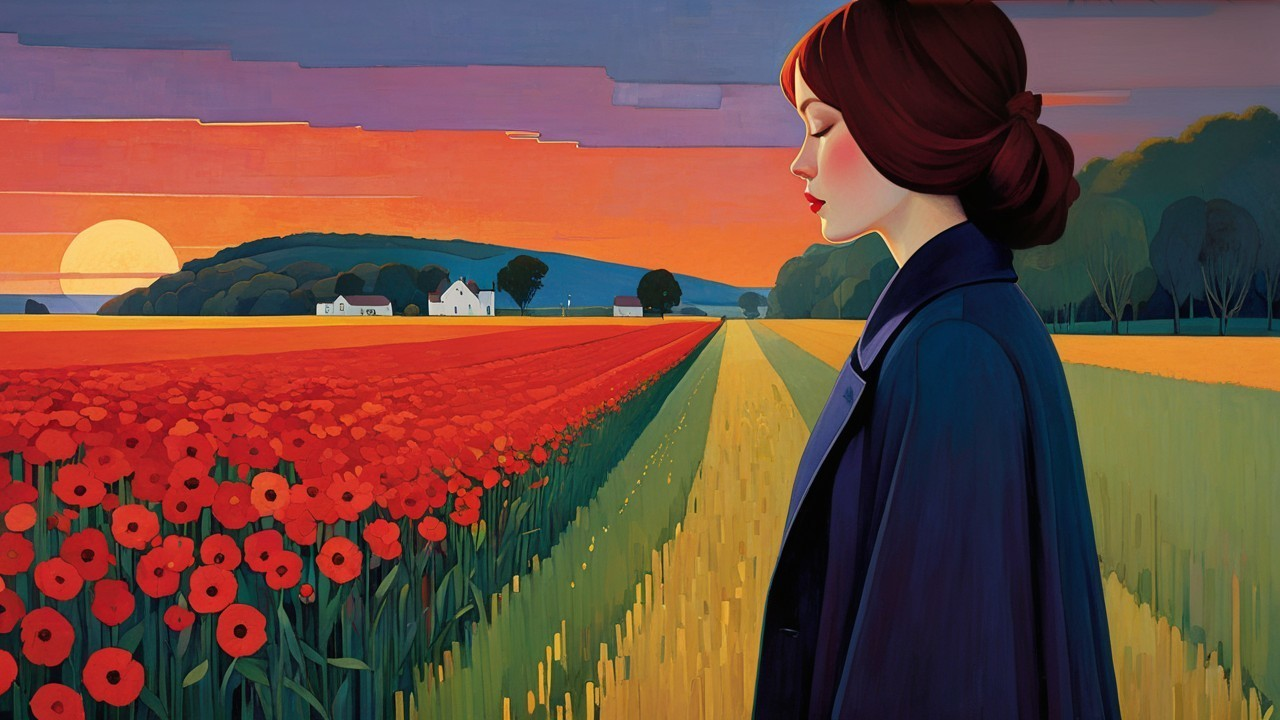 Serene sunset landscape with vibrant poppies and hills