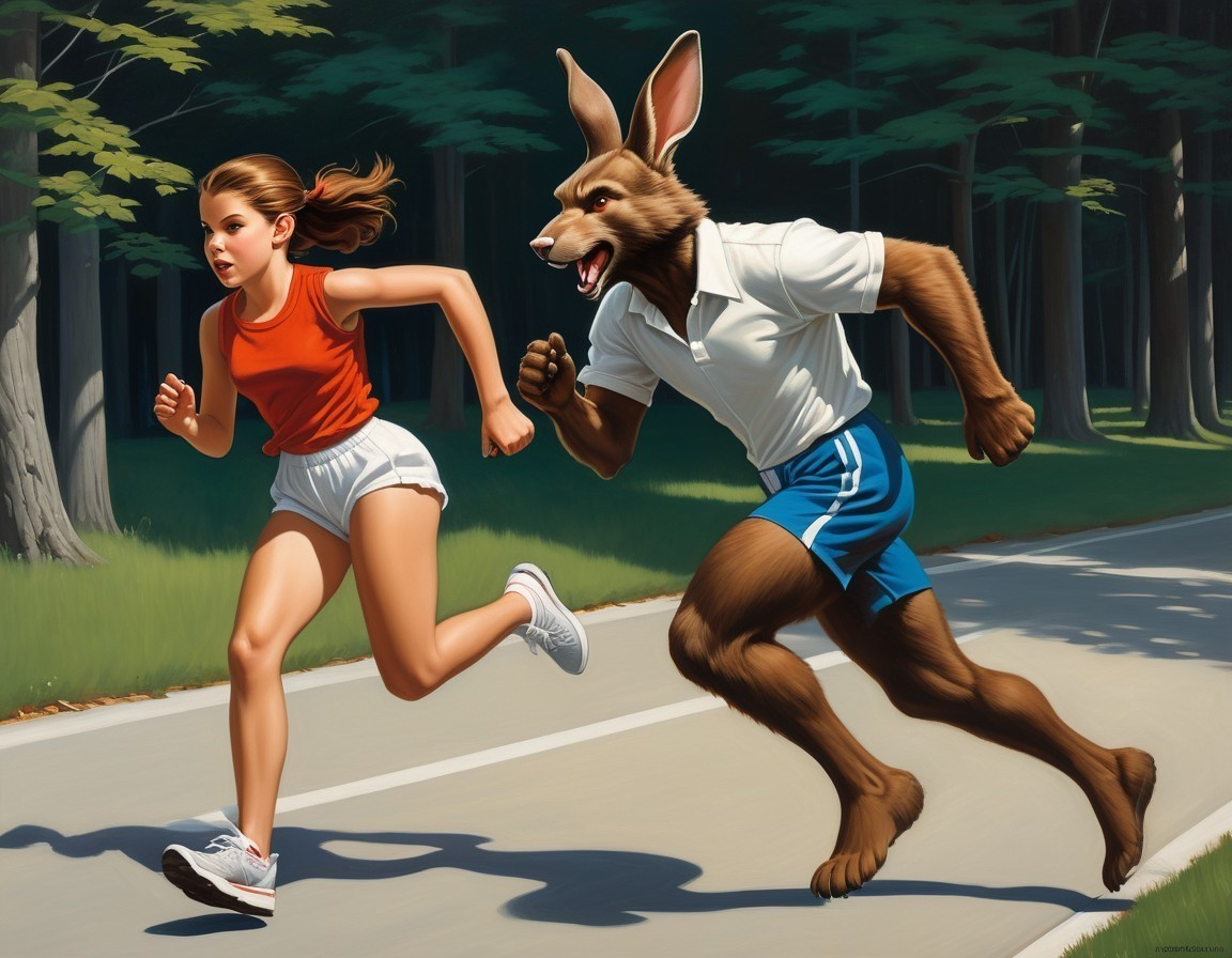 Girl and Humanoid Rabbit Race in Vibrant Forest Setting