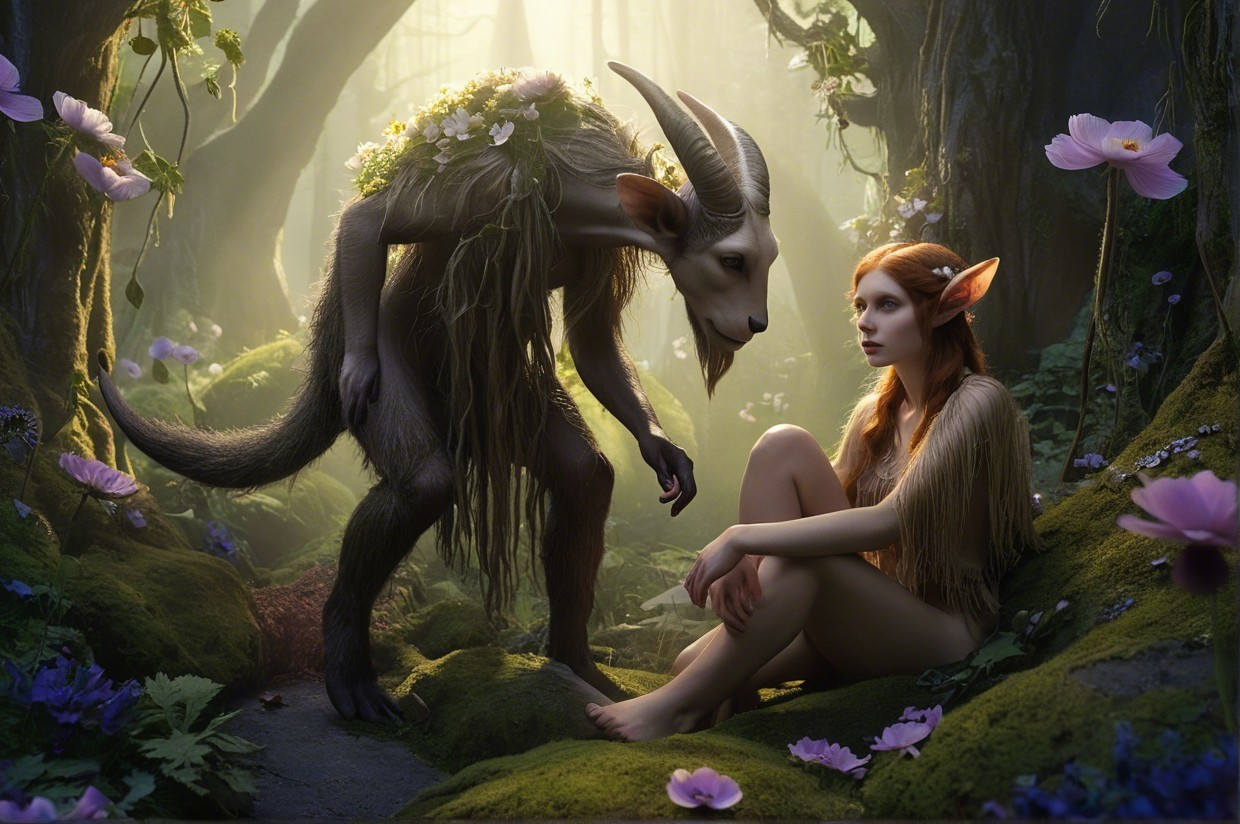 Mystical Forest Scene with Goat-Like Creature and Woman