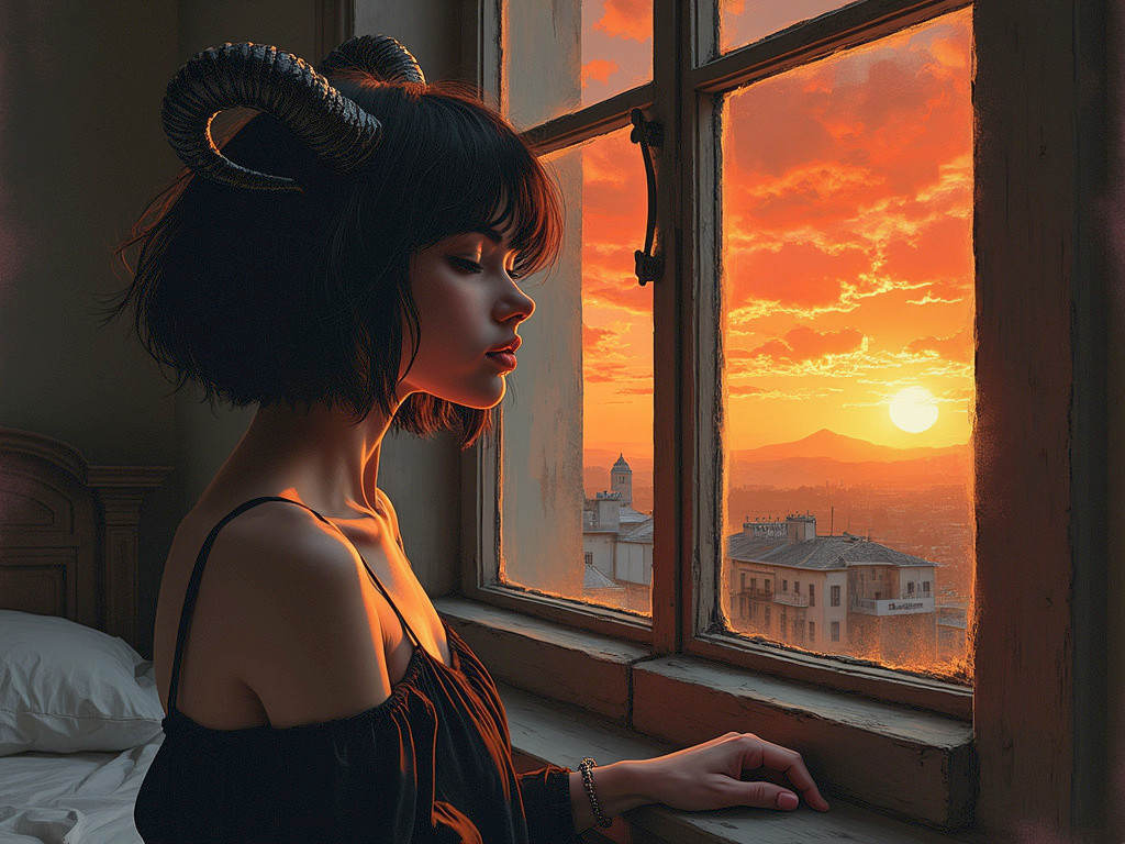 Woman with Horns Observing a Sunset Through Window