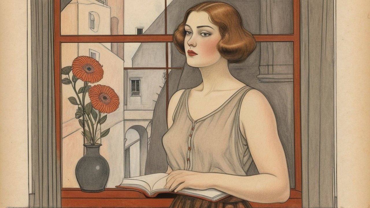Young woman by window with book and flowers