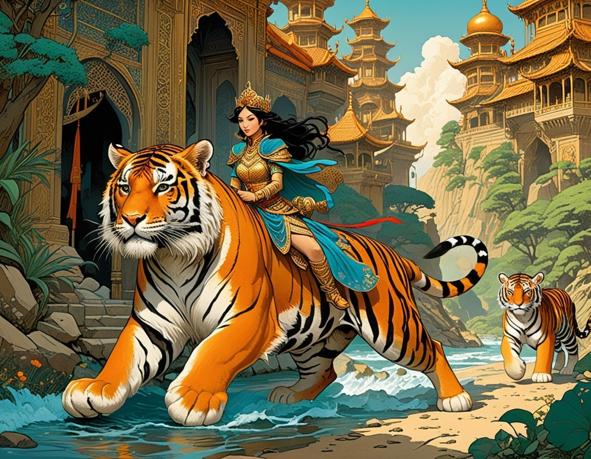 Regal figure on tiger with ornate Asian architecture