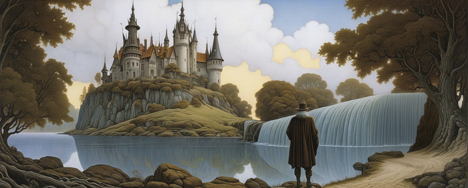 Castle on Rocky Island in Serene Landscape