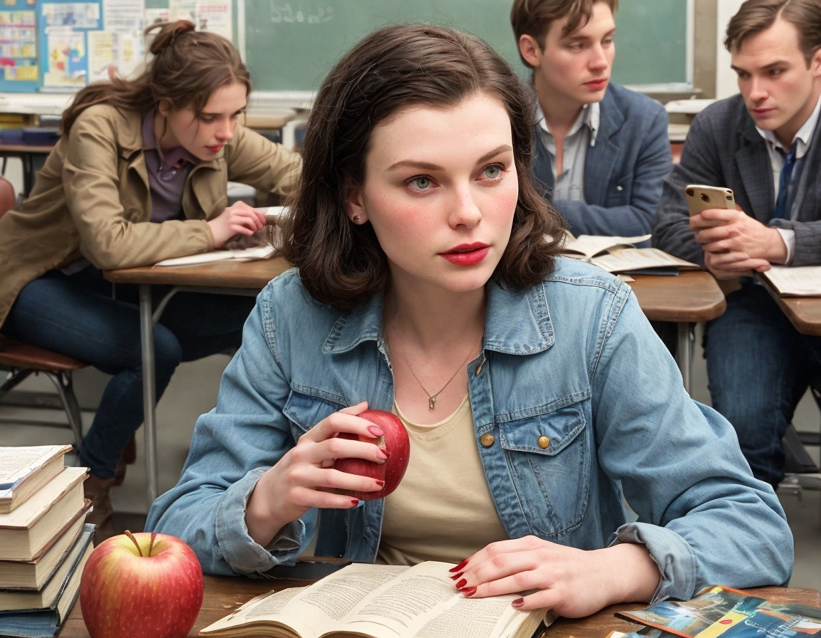 Young Woman in Classroom with Apple and Open Book