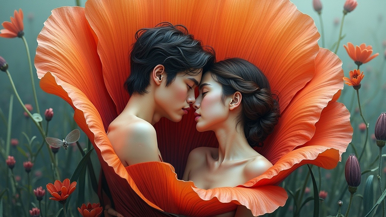 Intimate Embrace in a Surreal Floral Landscape