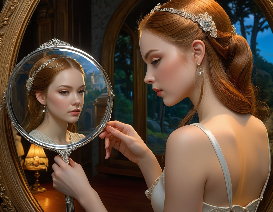 Young woman with mirror in vintage room setting