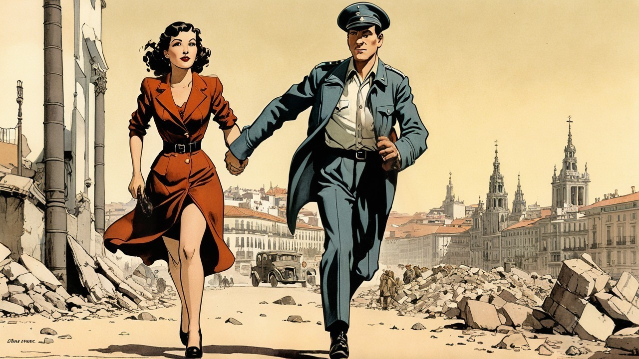 Vintage Illustration of Couple in War-Torn Cityscape