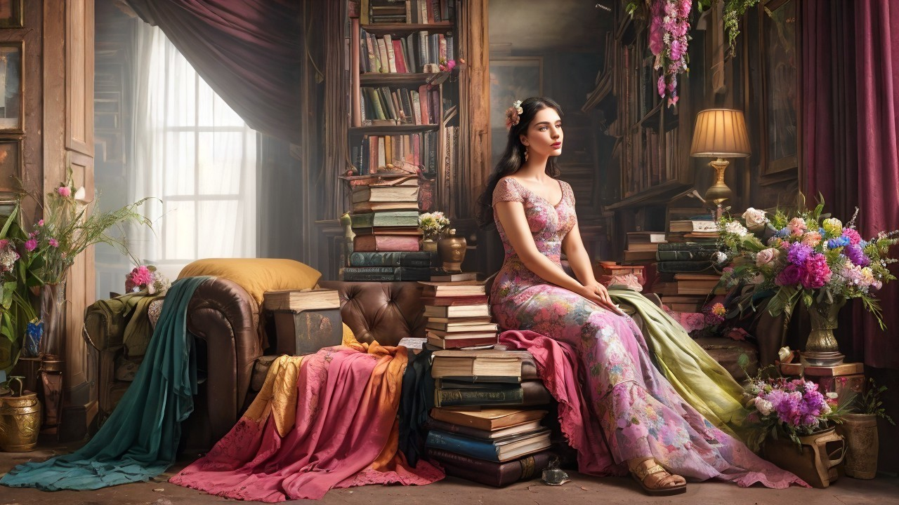 Elegant Woman in Floral Gown Surrounded by Books