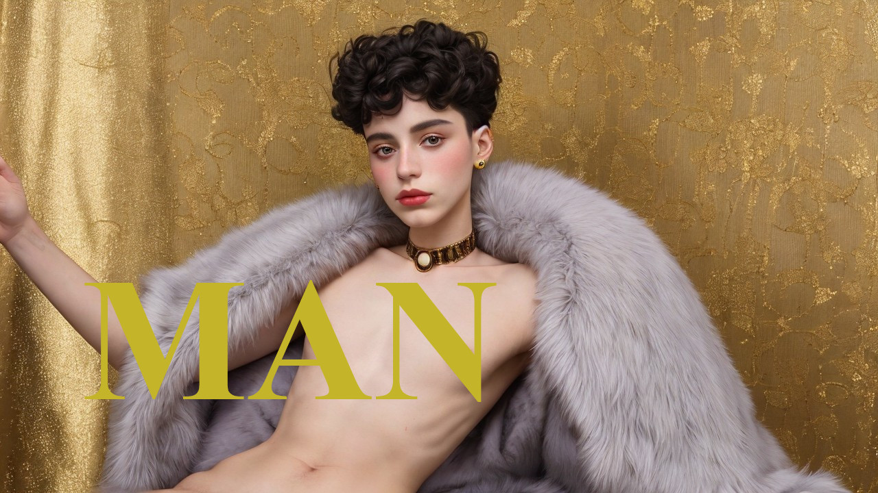 Model with Curly Hair in Gray Fur Coat Against Gold