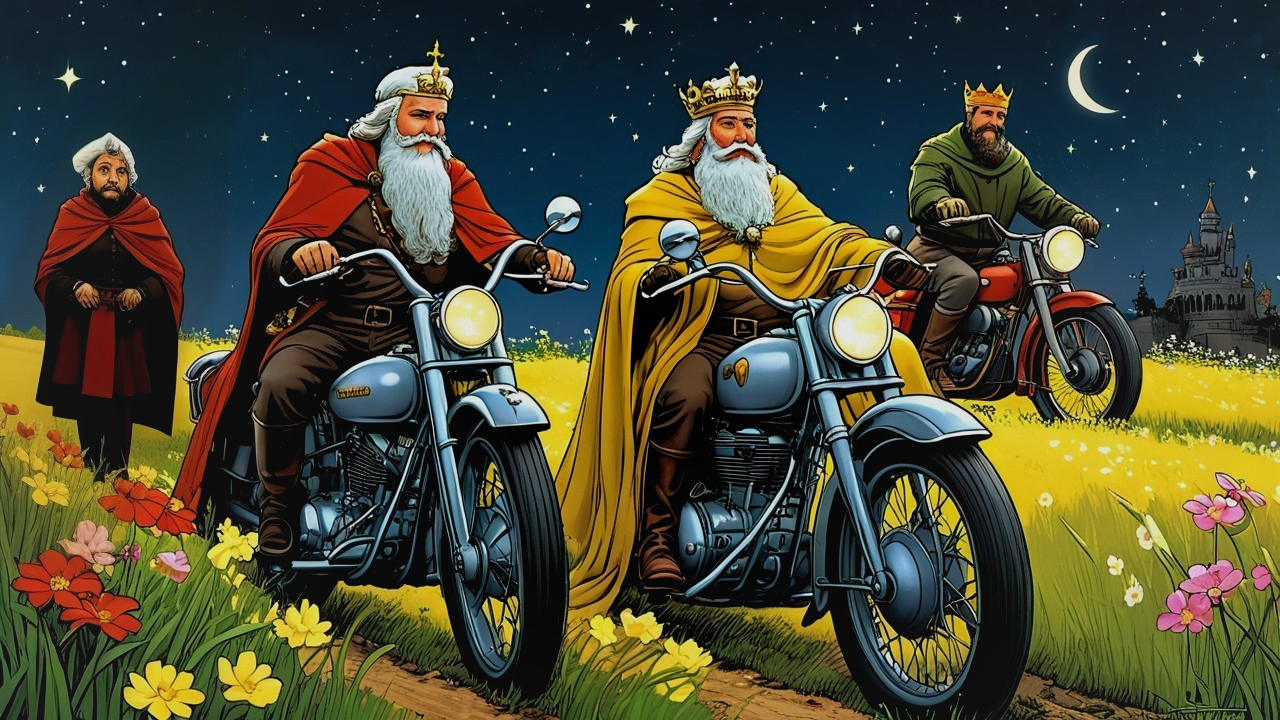 Kings on Motorcycles in a Starry Countryside Scene