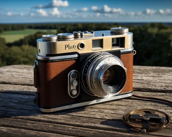 Vintage Camera Pluto on Wooden Surface with Greenery