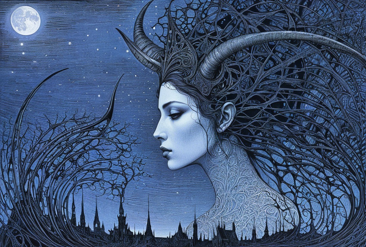 Blue-Toned Illustration of a Mystical Woman with Horns