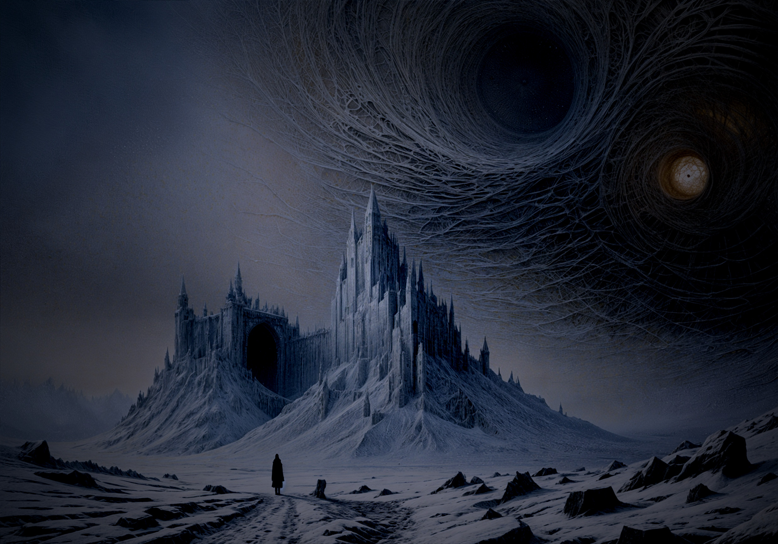 Gothic castle in a stark, icy landscape with snow