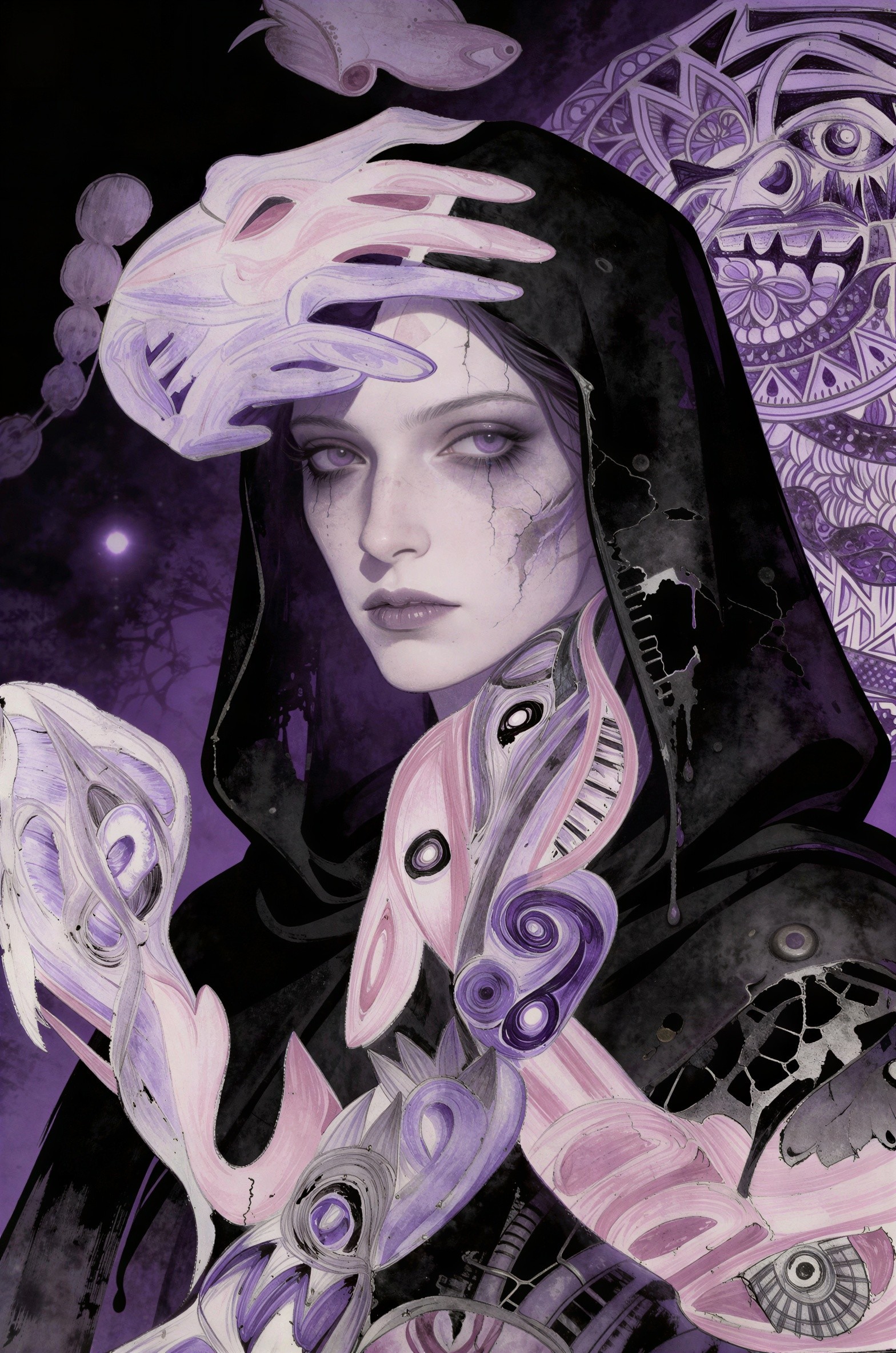 Ghostly Woman in Cloak Under Moonlight with Bones