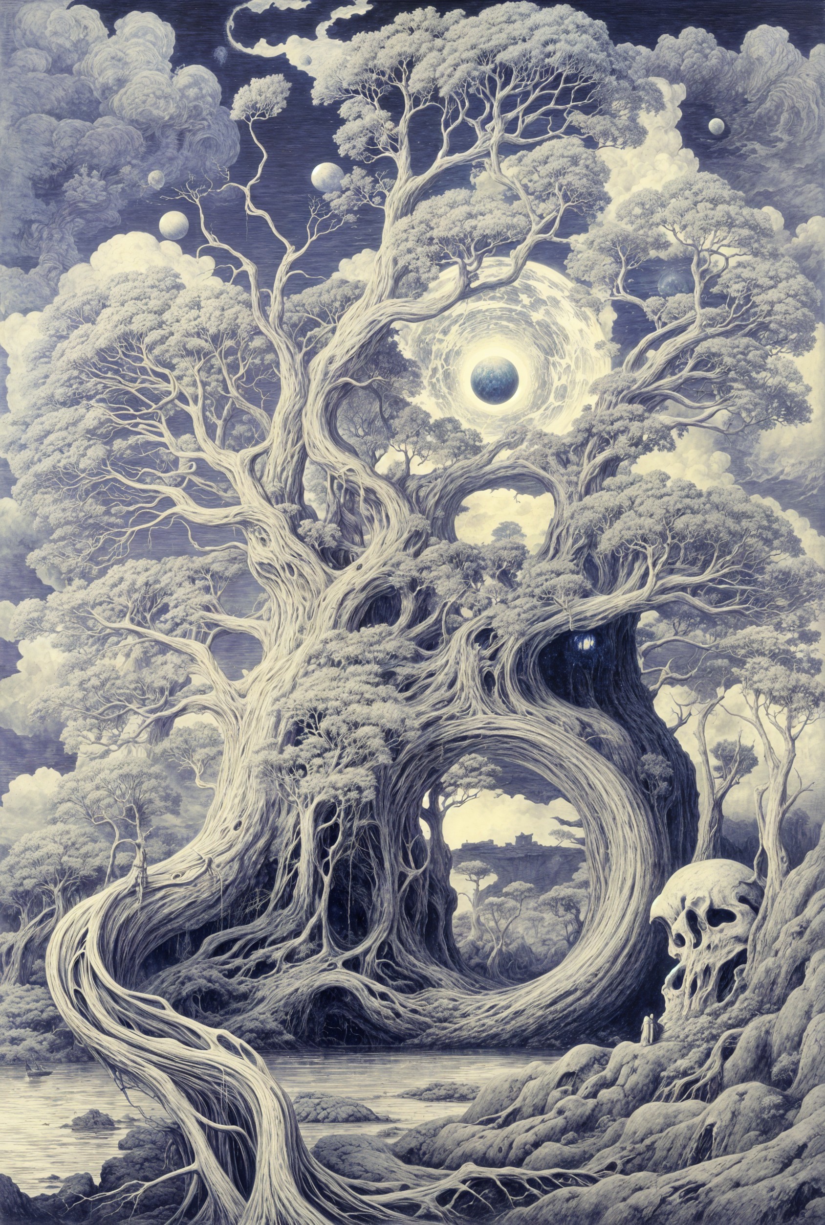Mystical tree with celestial scene and serene landscape