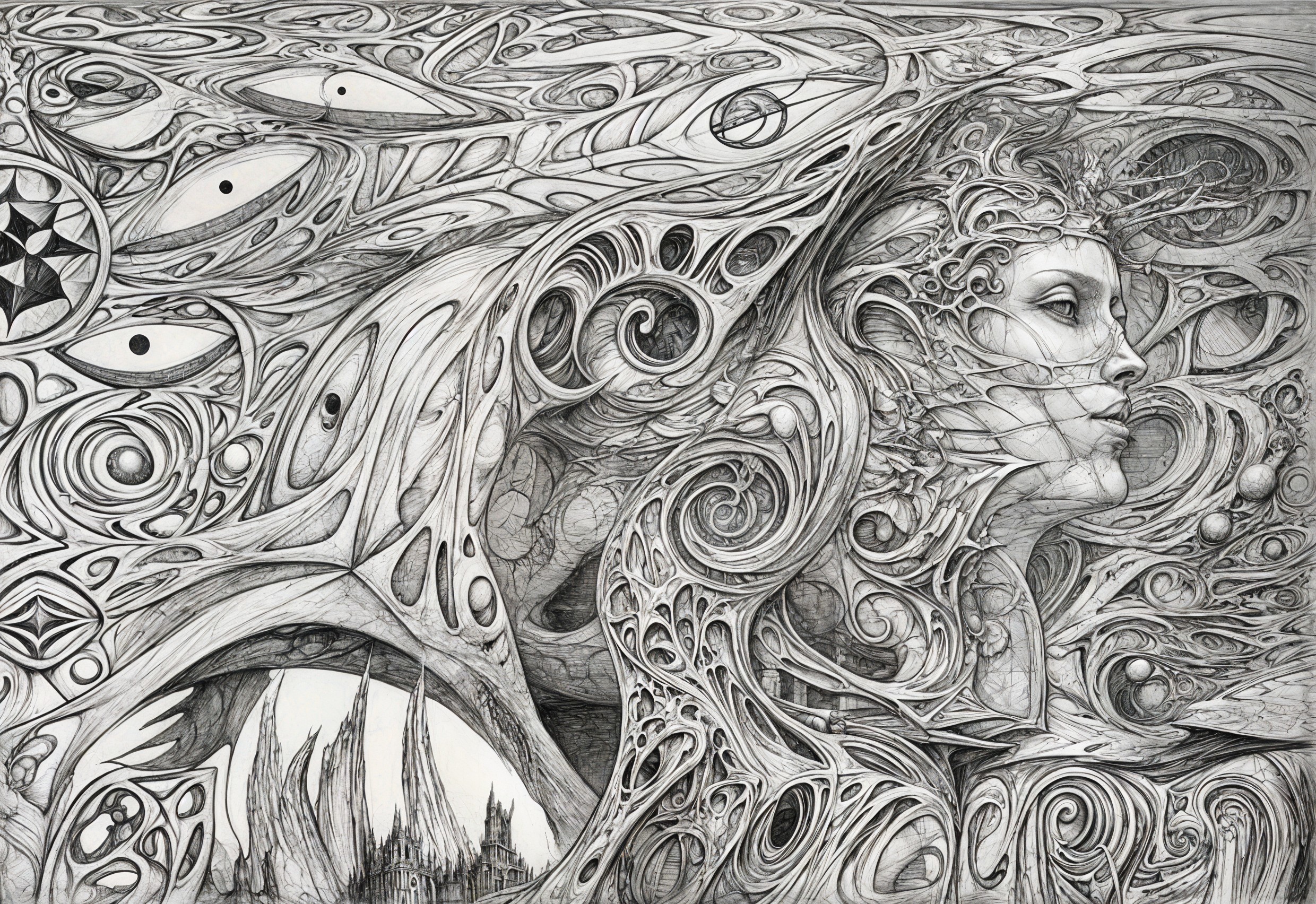 Surreal Artwork with Organic Shapes and Cosmic Elements