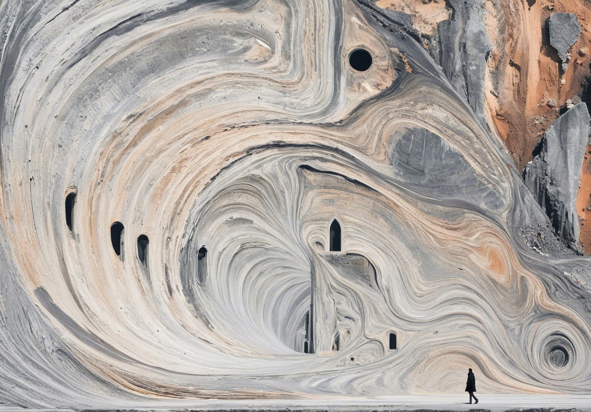 Abstract Landscape with Swirling Gray Patterns and Figure