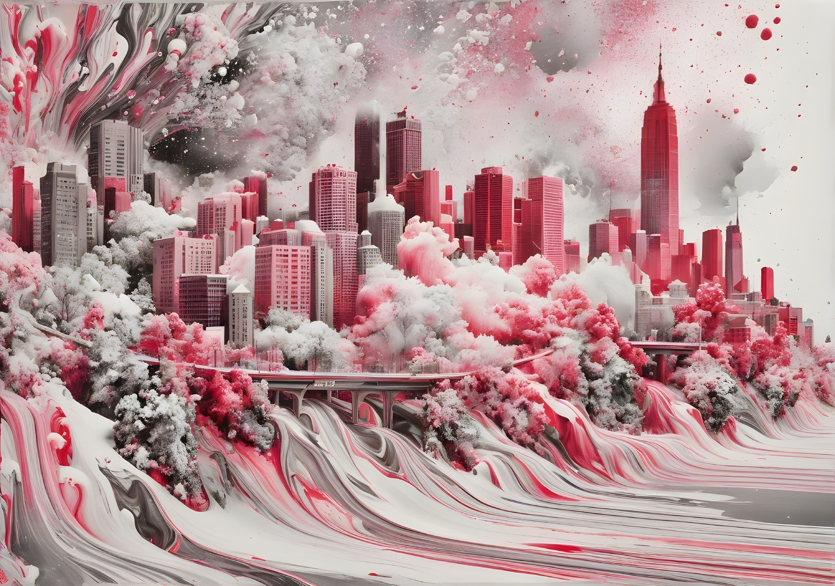 Surreal Cityscape with Vibrant Skyscrapers and Waves