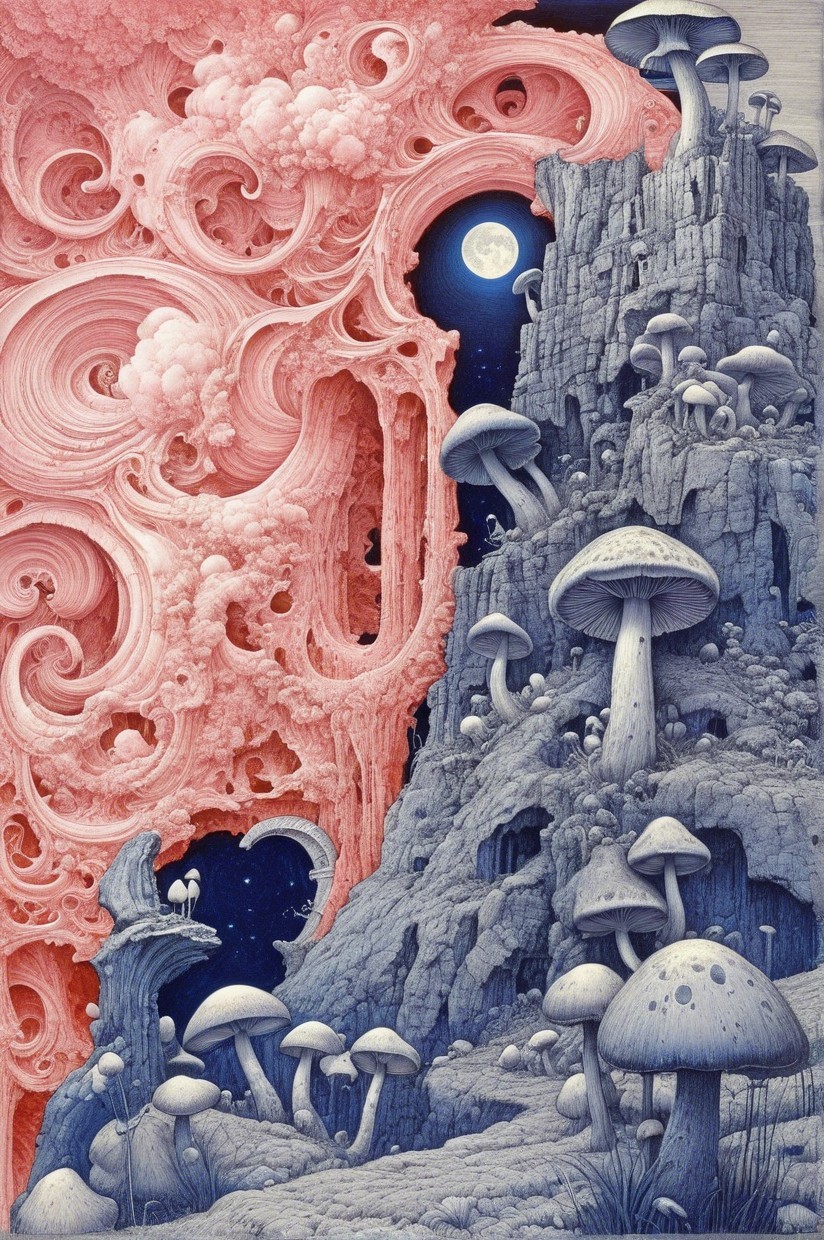 Surreal landscape with mountains and oversized mushrooms