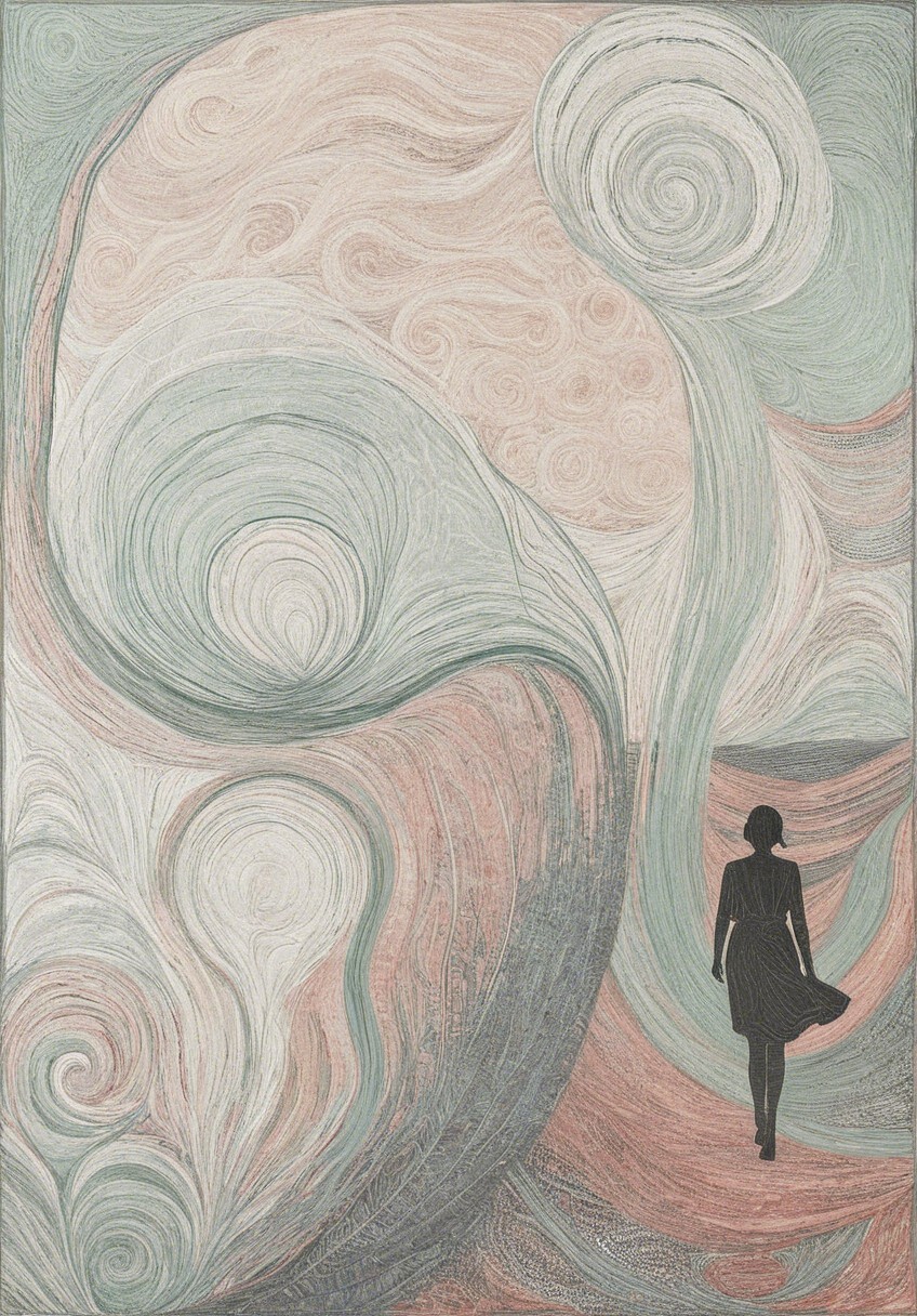 Solitary Figure on Winding Path in Pastel Landscape