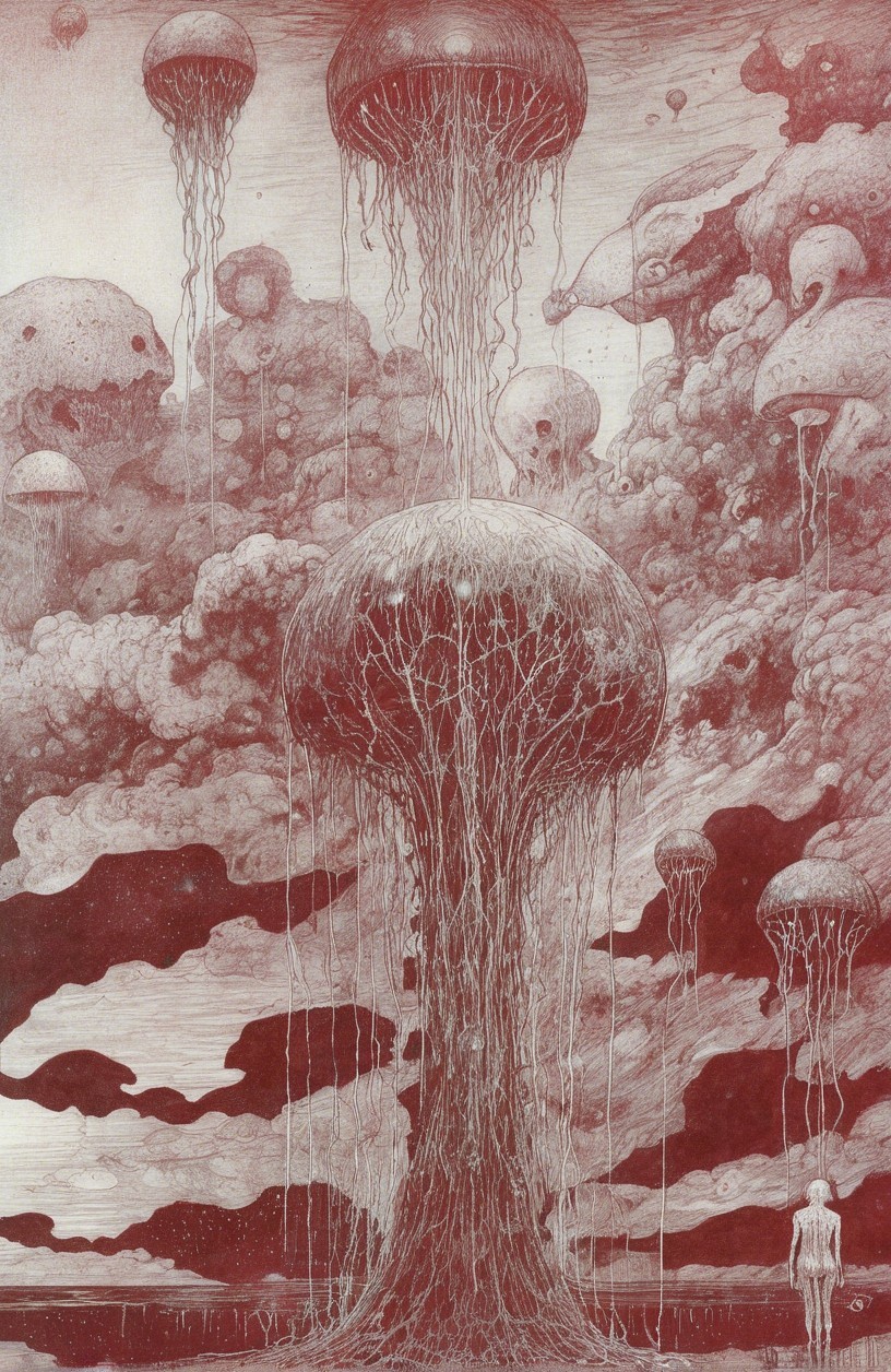 Surreal Landscape with Giant Jellyfish Creatures