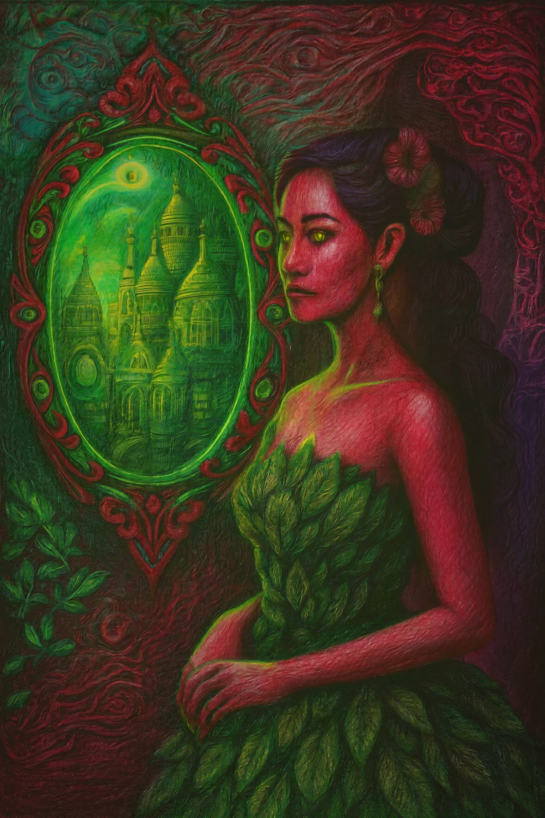 Surreal Painting of Woman with Red Skin and Castle