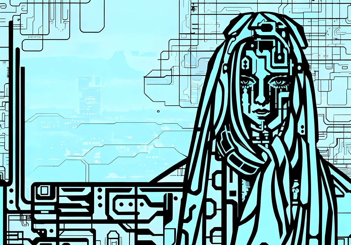 Stylized Figure with Circuit Patterns on Blue Background