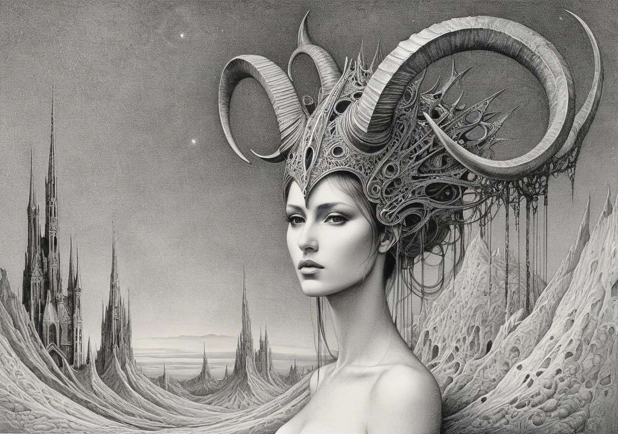 Surreal portrait of a woman with horned headdress