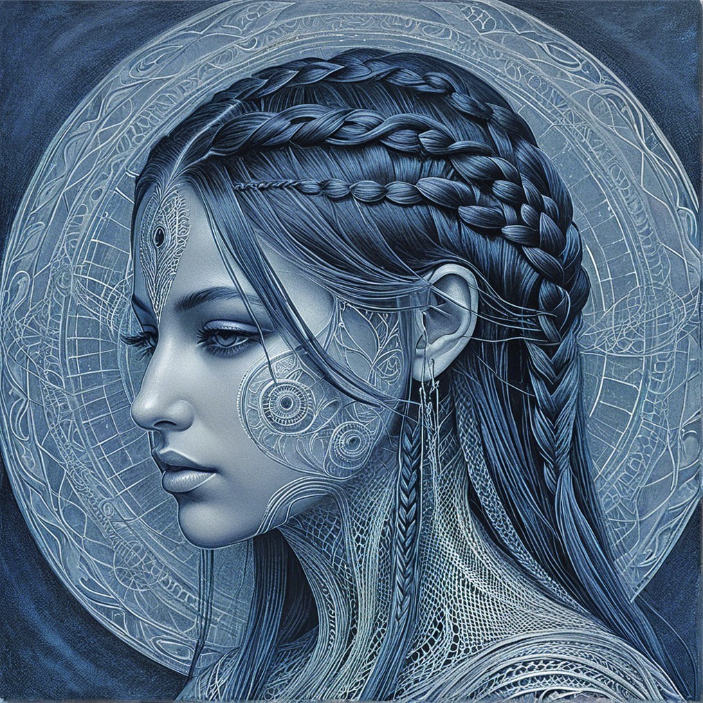 Profile of a Woman with Braided Hair and Patterns