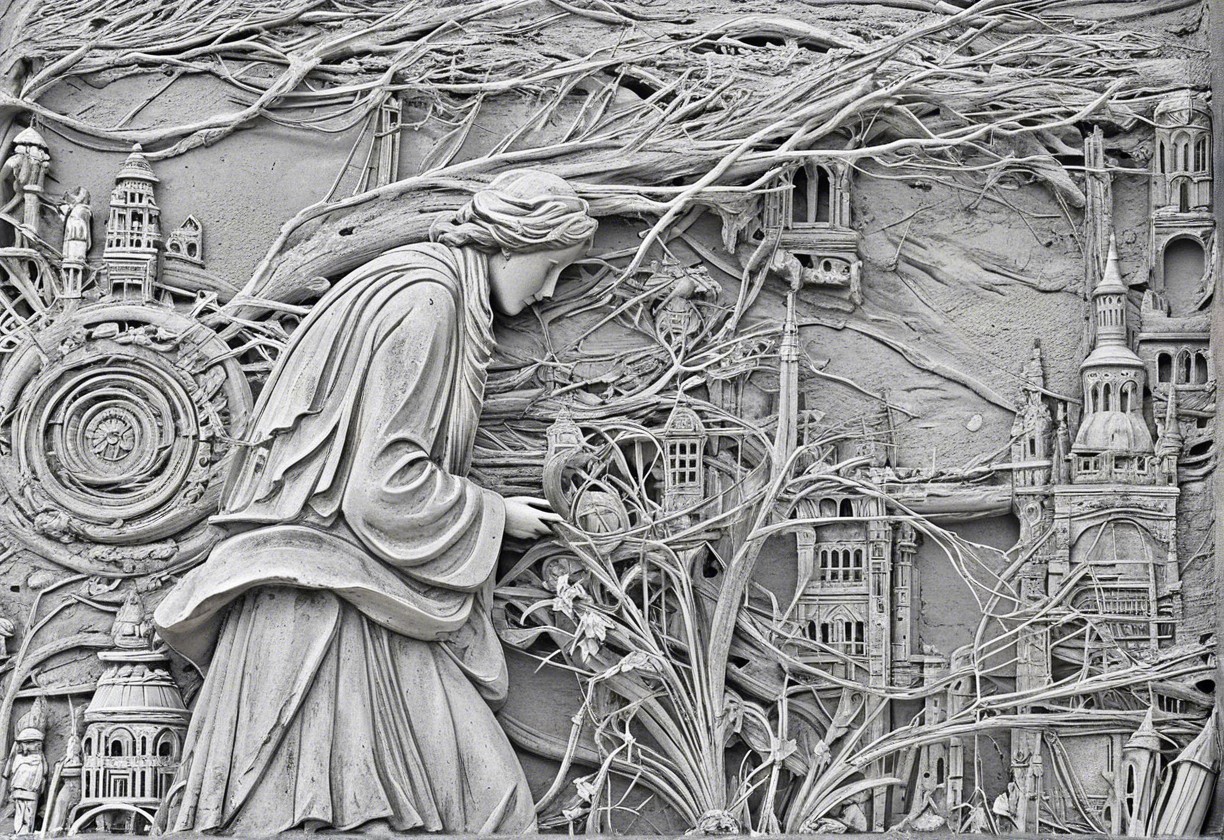 Relief Sculpture of Woman with Flower and Architecture
