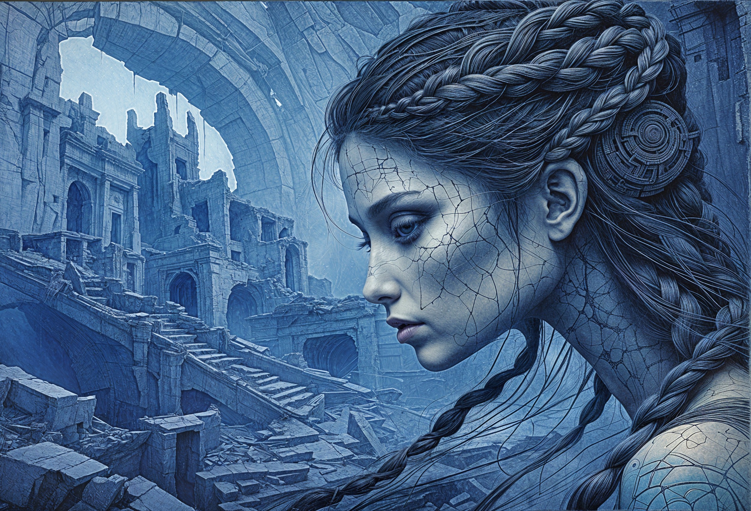 Woman with Braids in a Dystopian Landscape